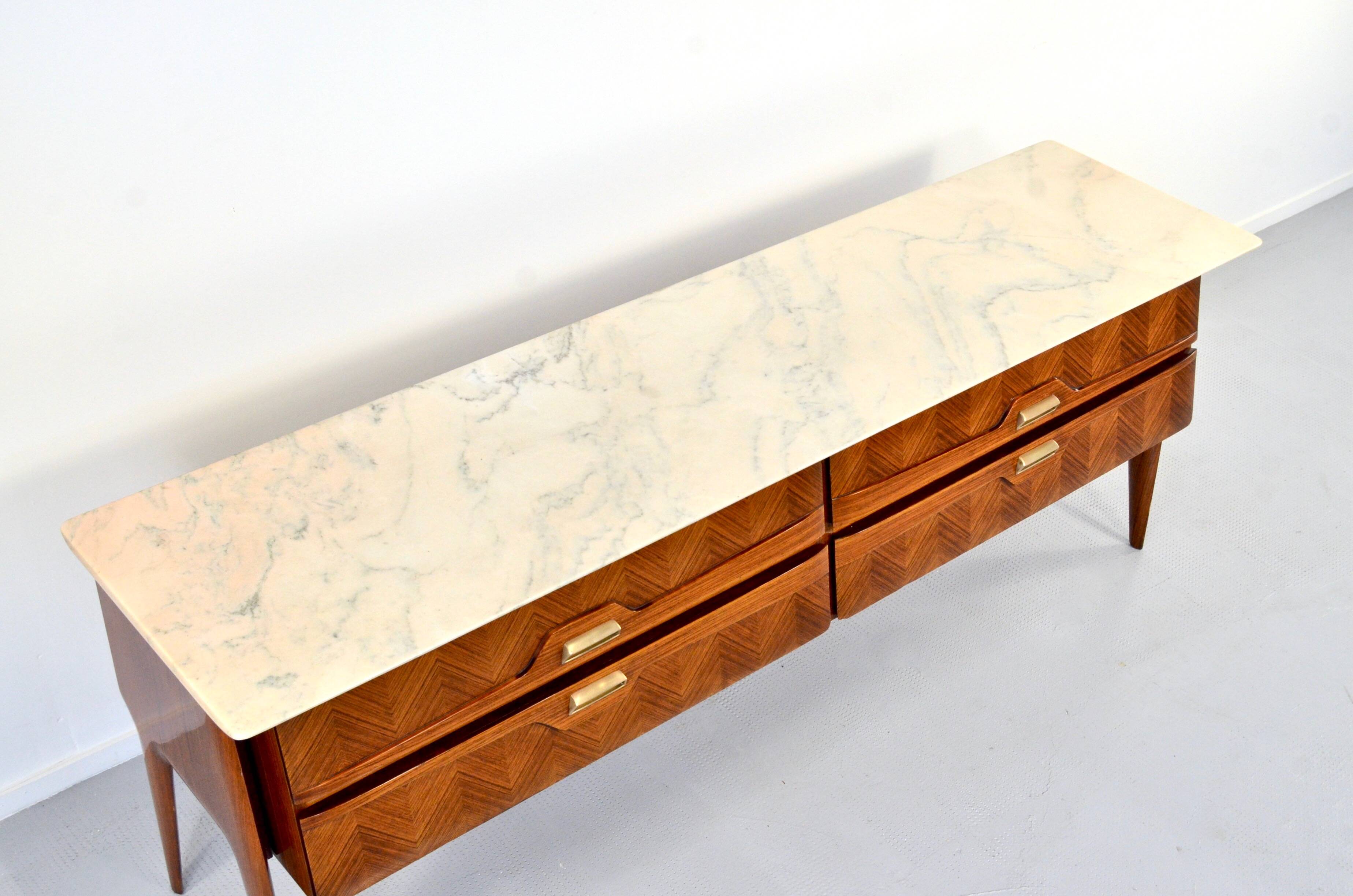 Italian Midcentury Sideboard in Rosewood, Carrara Marble and Brass