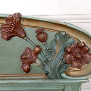 Art Nouveau bed in carved and painted wood, Poppies, Circa 1900