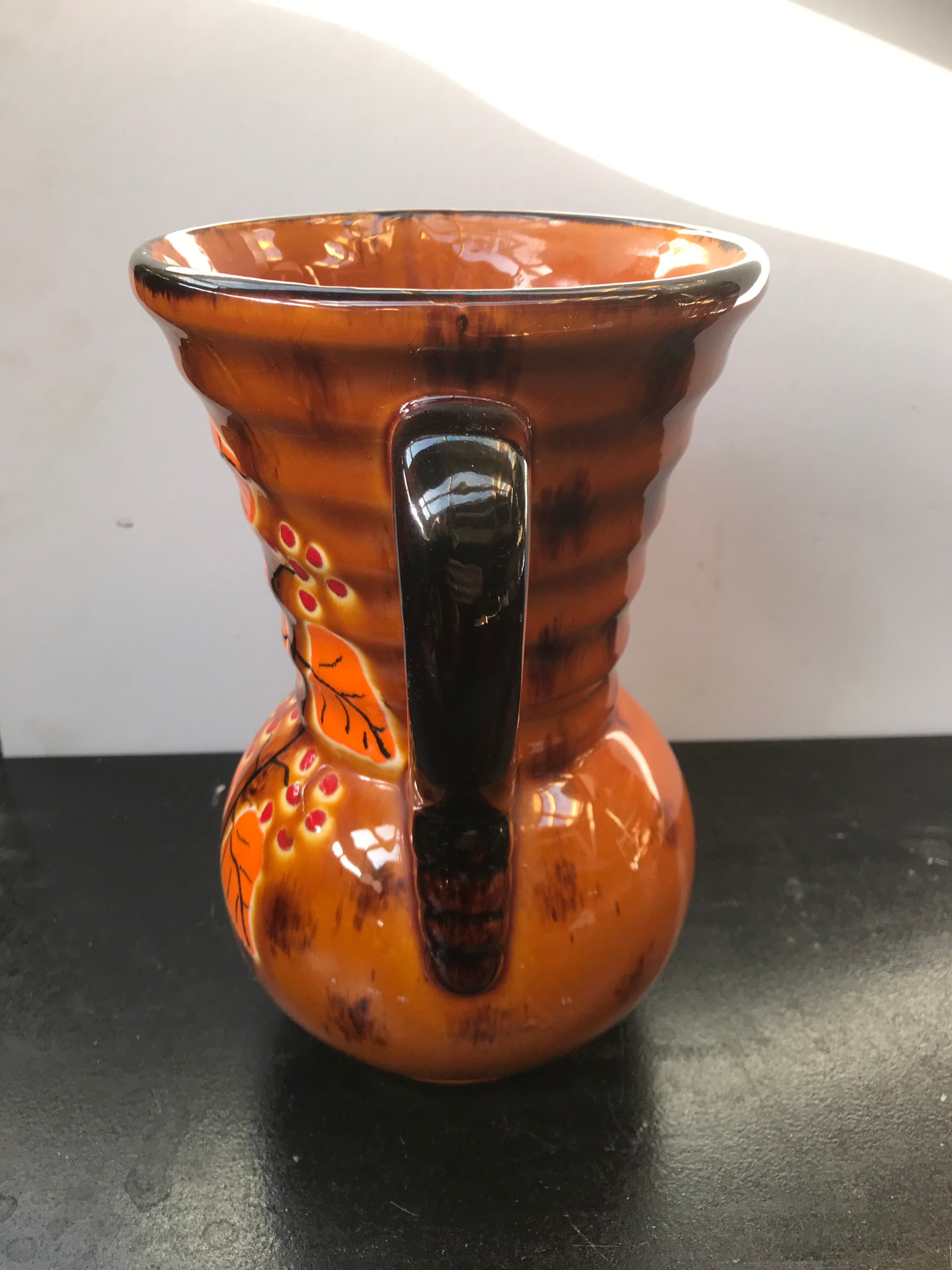 Ancient Vase With Autumn Ceramics Brown - Decor Leaves 70s Vintage