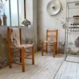 Pair of straw and pine chairs, mountain furniture