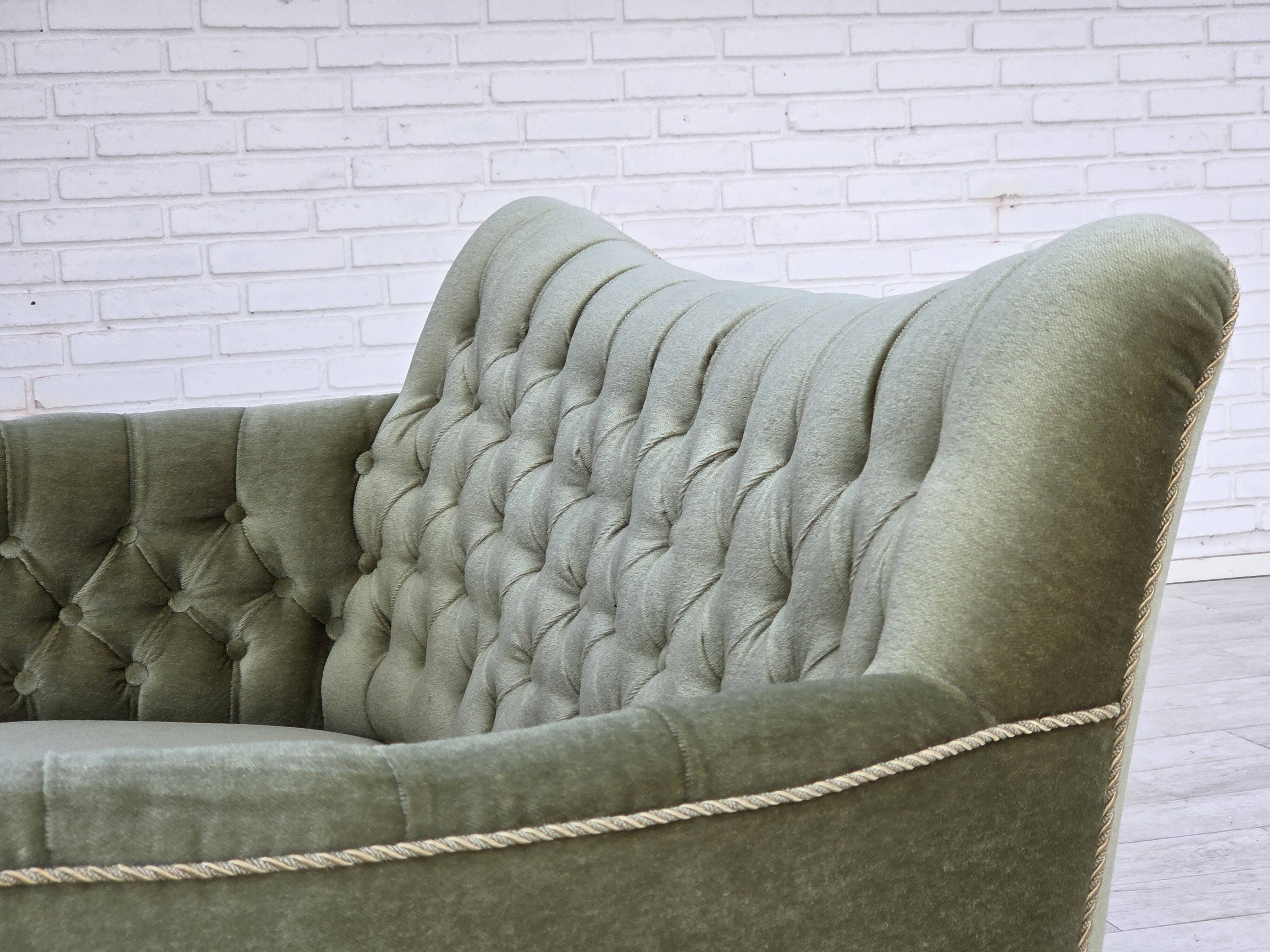 1960s, Danish 2-seater sofa, light green furniture velour, ash wood.