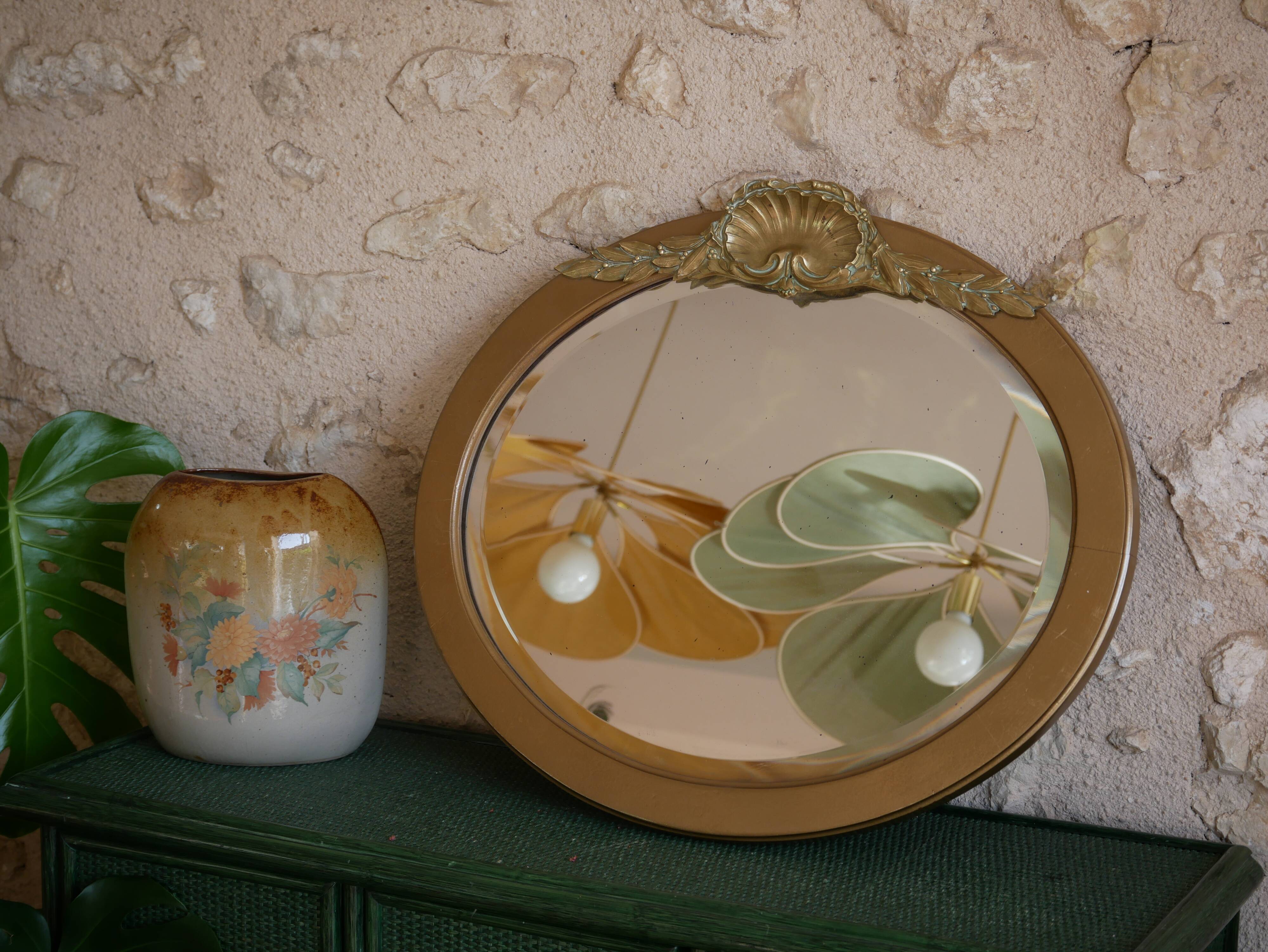 Golden wooden art deco oval mirror - 50x58cm