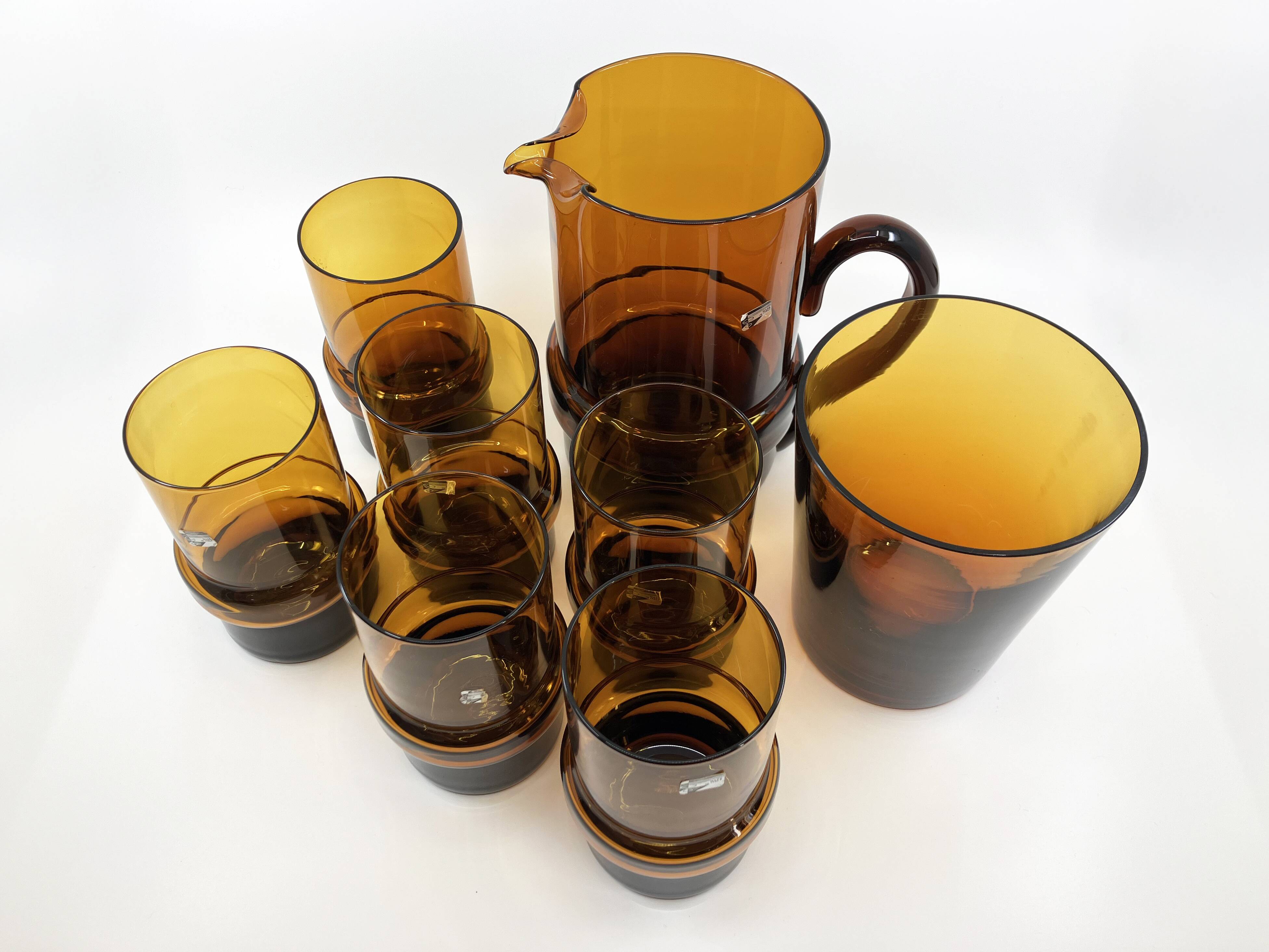 Set of 6 orangeade glasses / pitcher / ice bucket • Italy • 1970