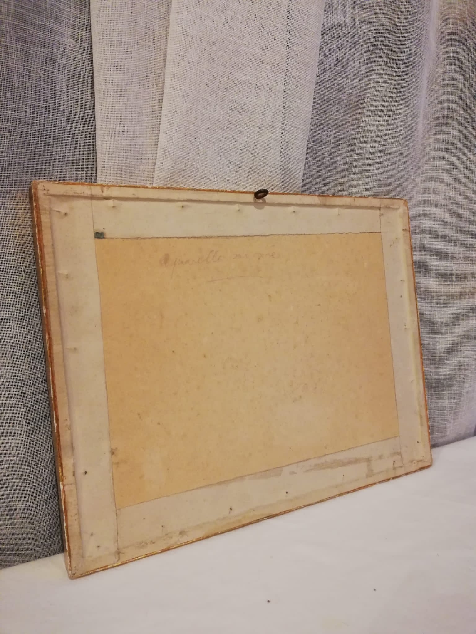 Antique painting, watercolor on silk, depicting a banana plantation with two Creole houses