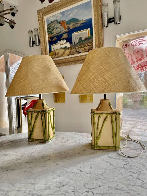 Lampe de table en céramique imitation bambou avec Abat jours, années 1970