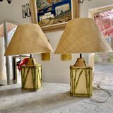 Bamboo-effect ceramic table lamp with lampshades, 1970s