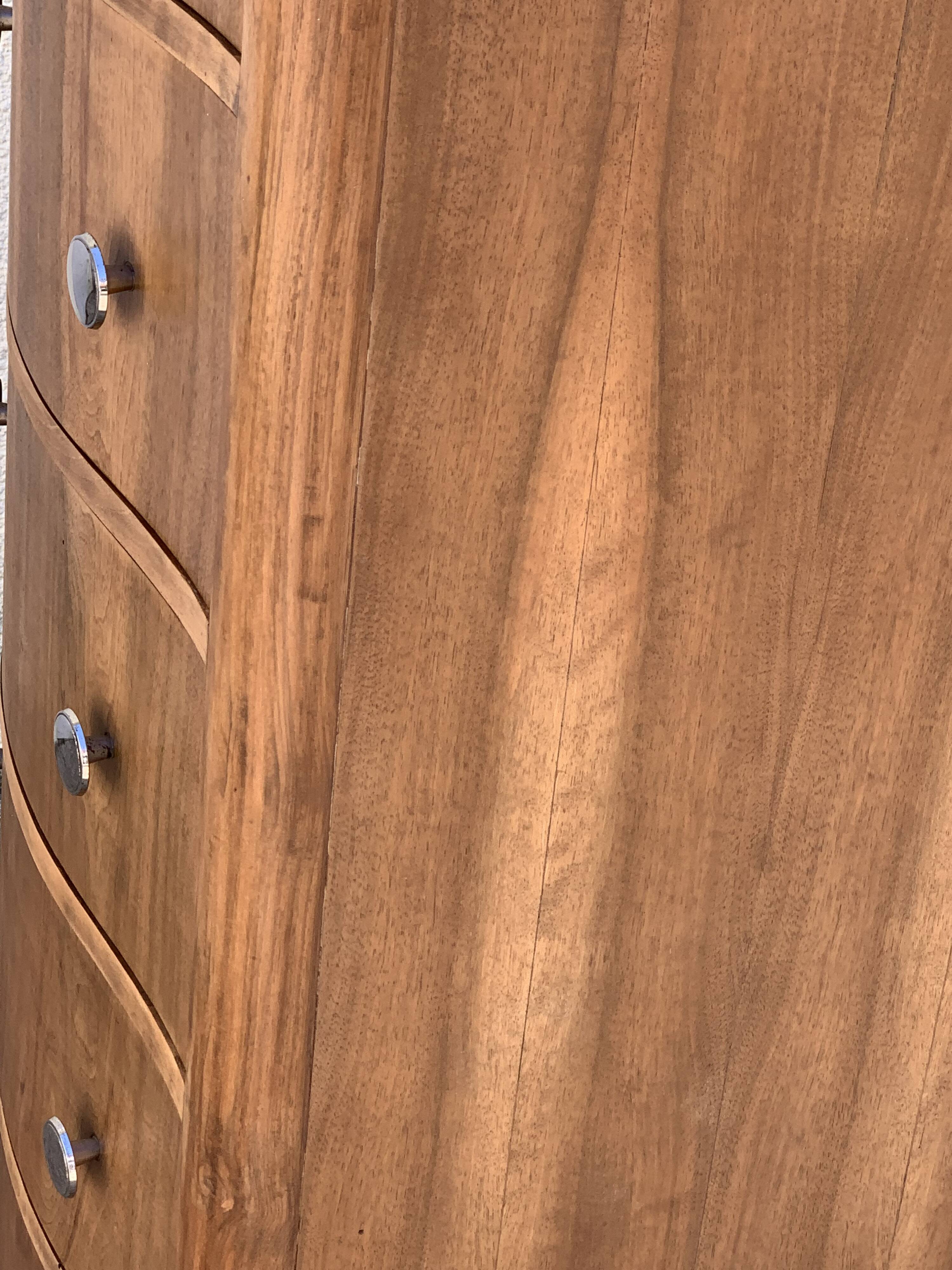 High art deco chest of drawers with mustache feet in raw walnut, 1930s