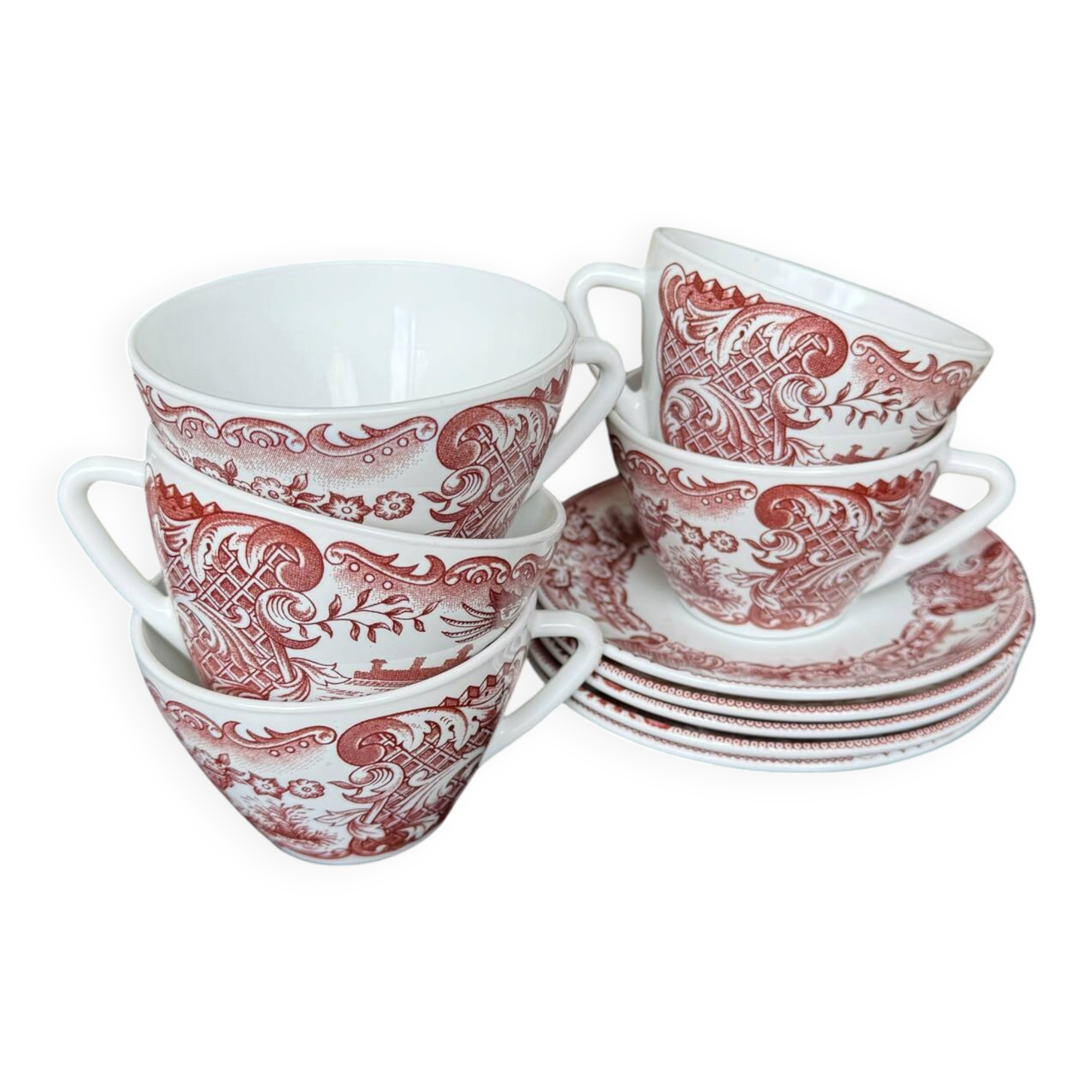 5 cups and 5 saucers Rivanel in red opaline from the 1970s.