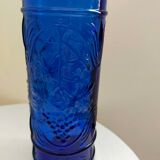 cobalt blue molded glass bottle in relief decoration bunches of grapes