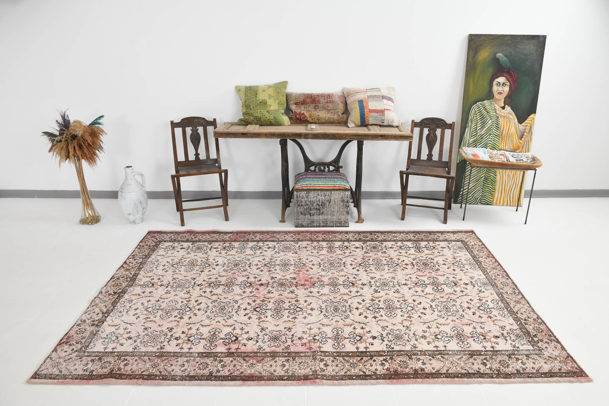 5x9 Shades Of Pink Brown Bordered Classic Wool Vintage Rug, 168x268Cm