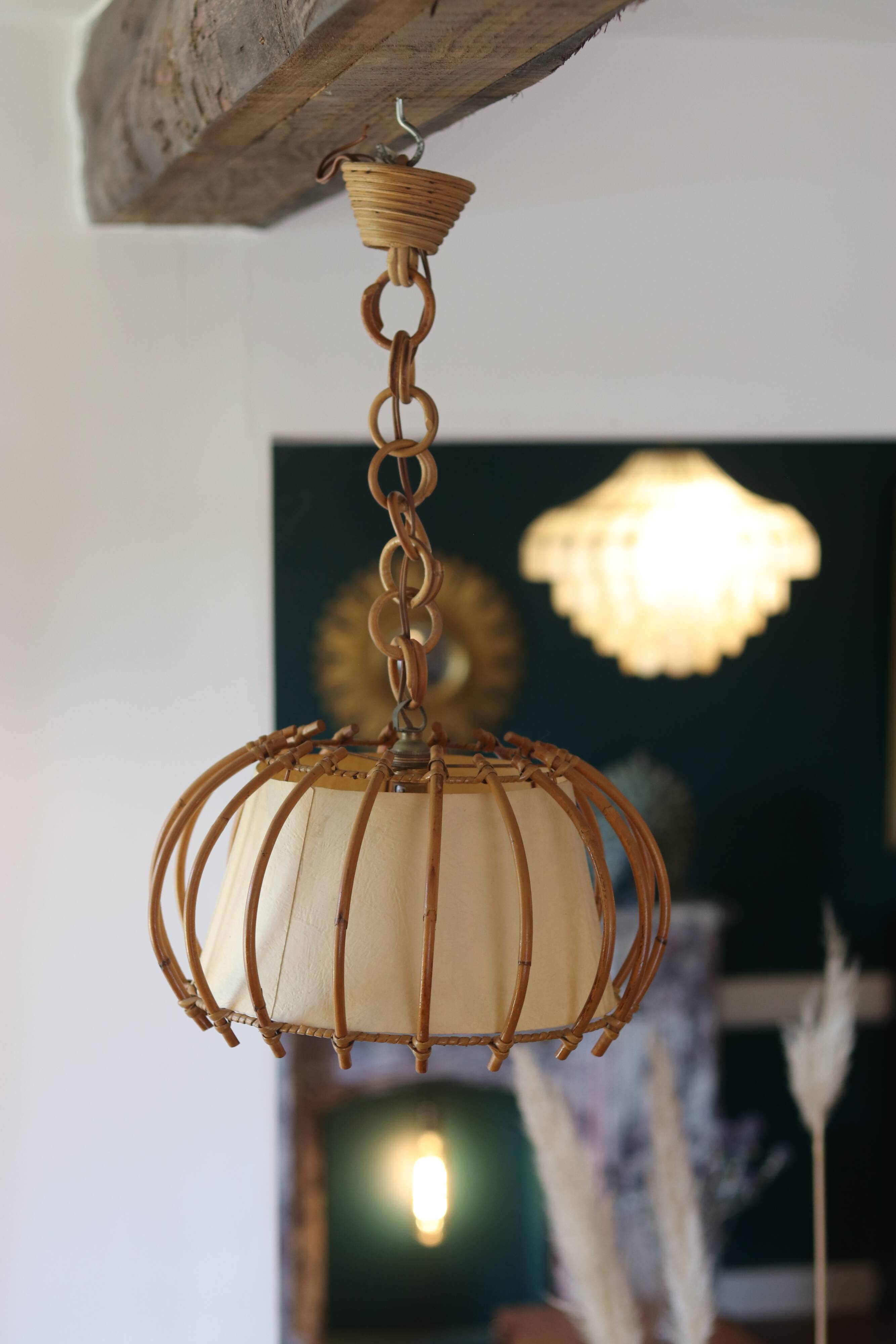 Vintage rattan and paper pendant light