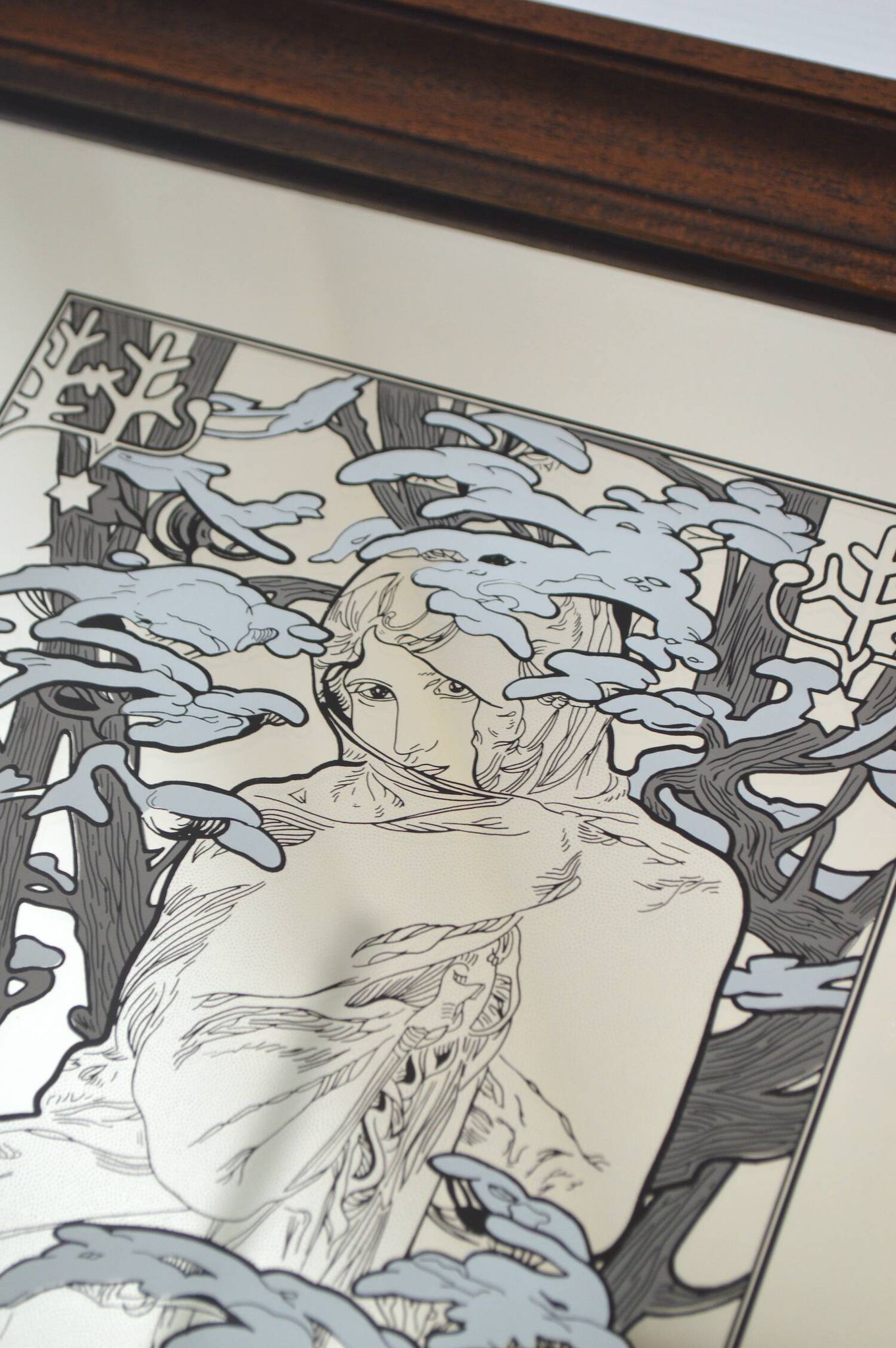 Winter mirror 70s Art Nouveau style after Alfons Mucha