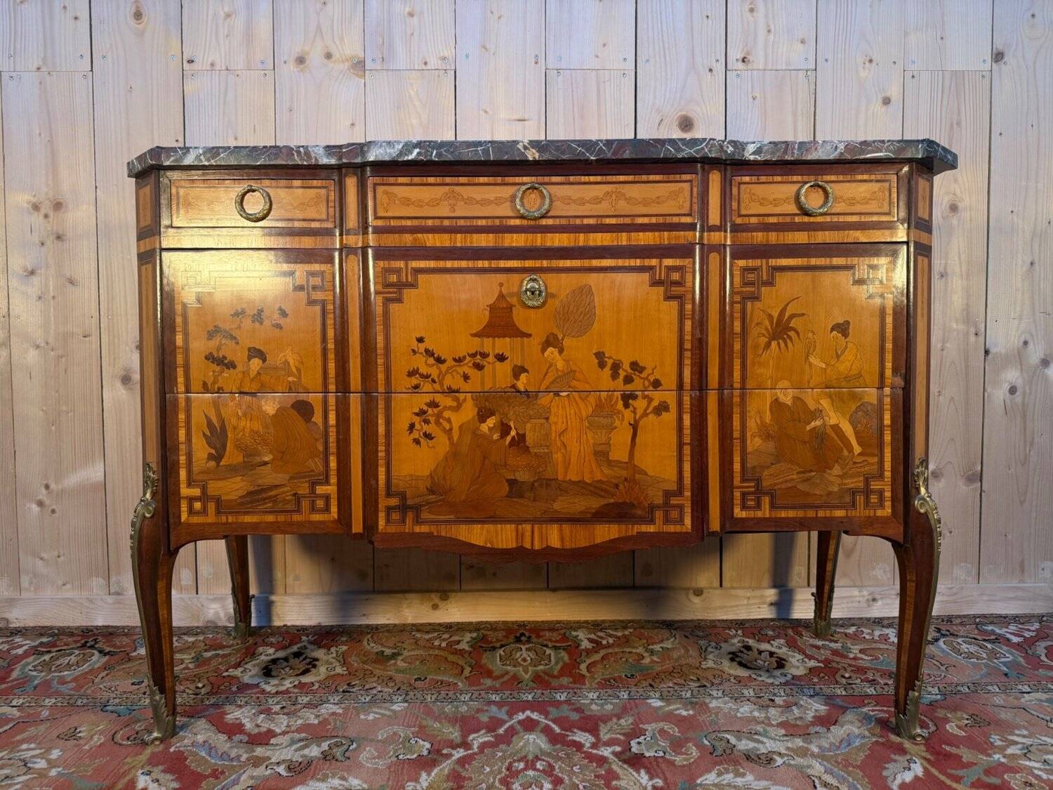 Commode Transition oriental marquetry, 1920s, black marble