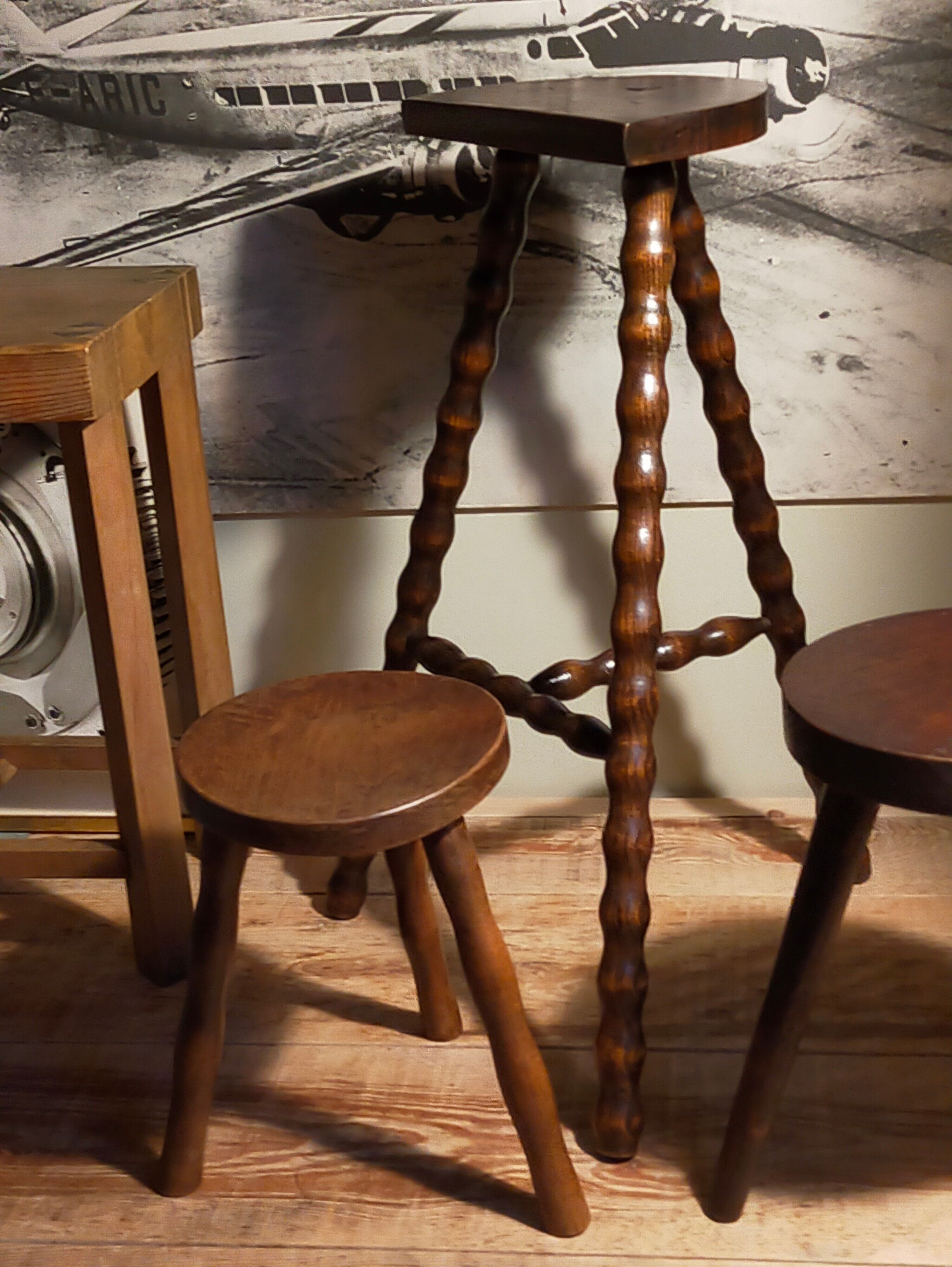 Stool high tripod solid wood turned vintage