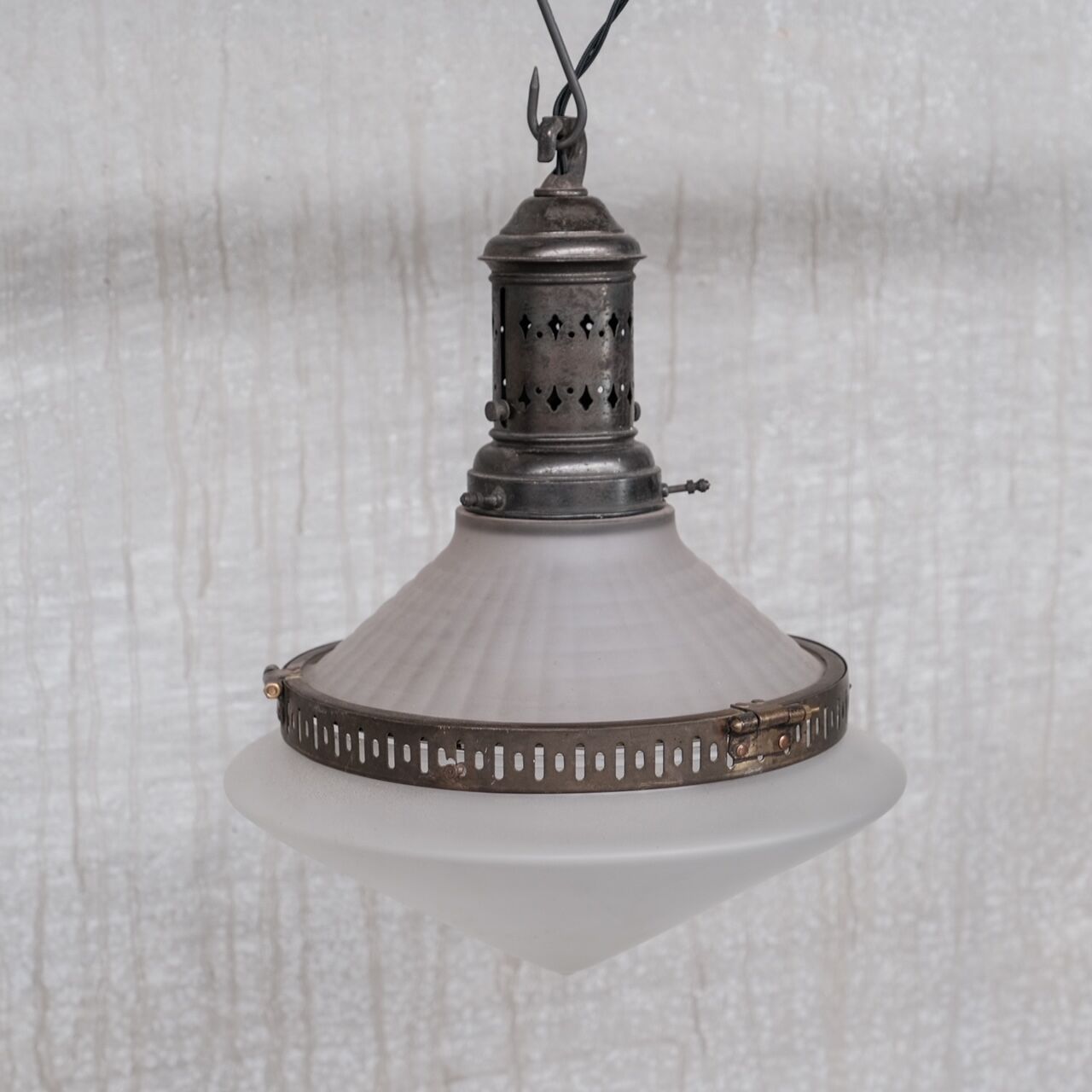 French conical glass and brass antique pendant light