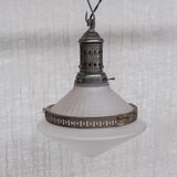 French conical glass and brass antique pendant light