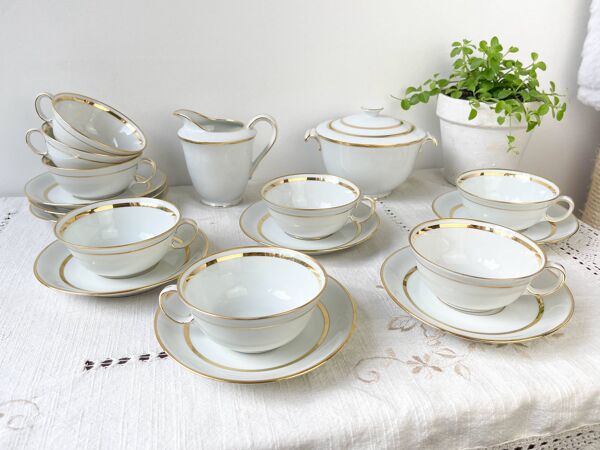 Service à thé/café vintage en porcelaine Bernardaud & Cie Limoges France blanche doré