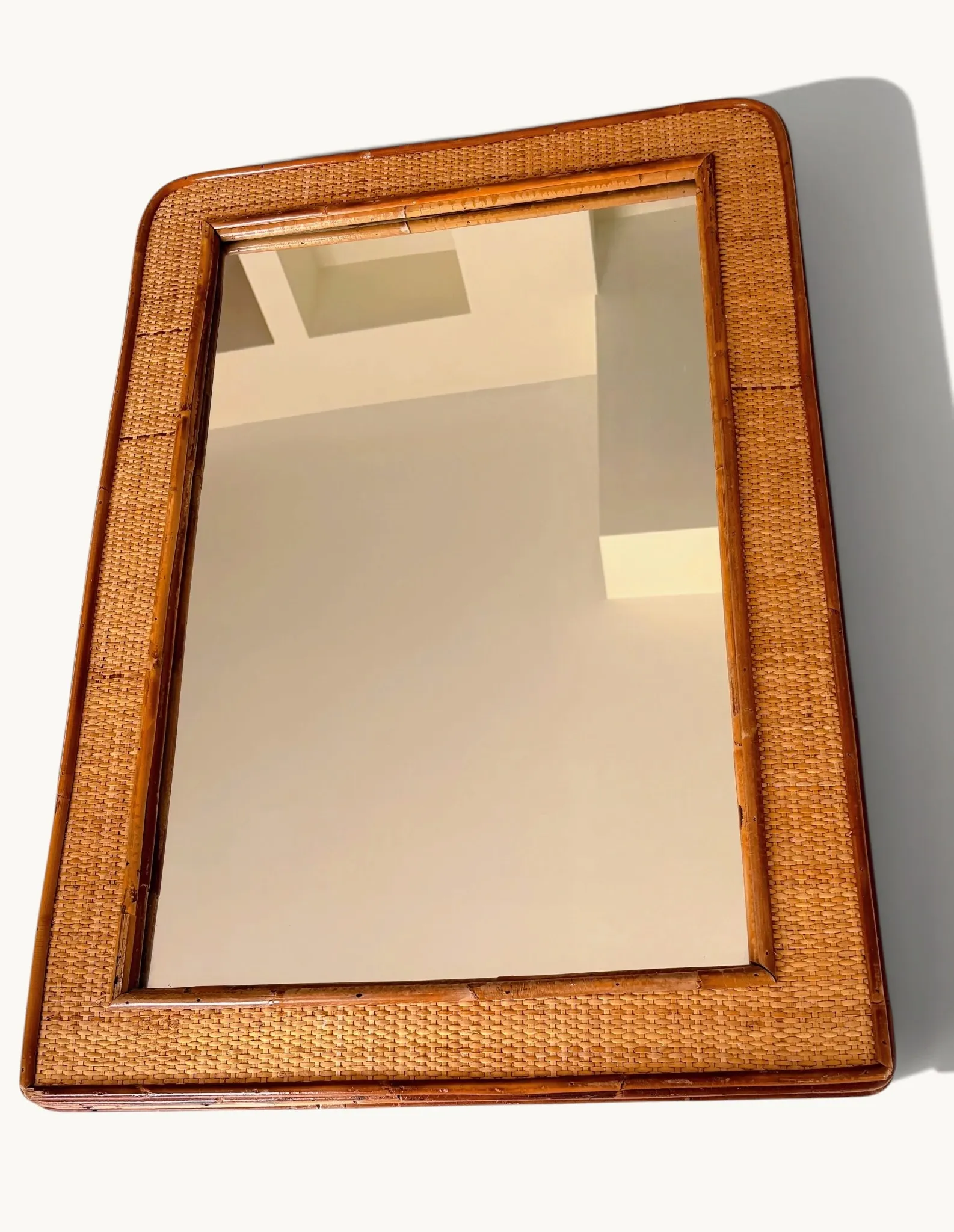 1970s Mid-Century Rattan and Pencil Reed Large Mirror, Spain