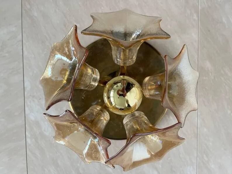 MidCentury Sputnik Flower Ceiling Flush Mount, Amber Murano Glass, Sische, 1960s