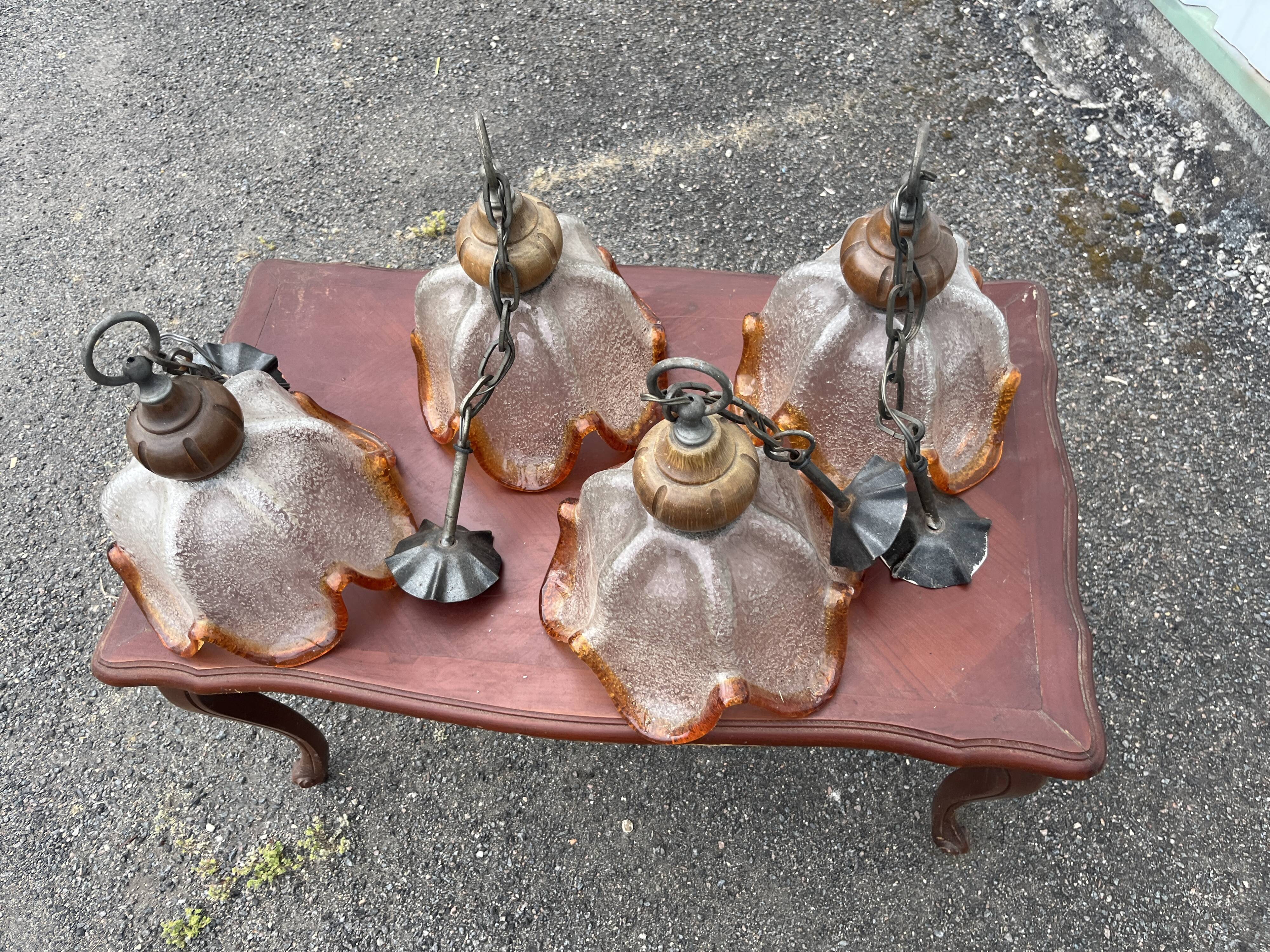 Ensemble de 4 Suspensions Vintage en Verre Bullé et Bois
