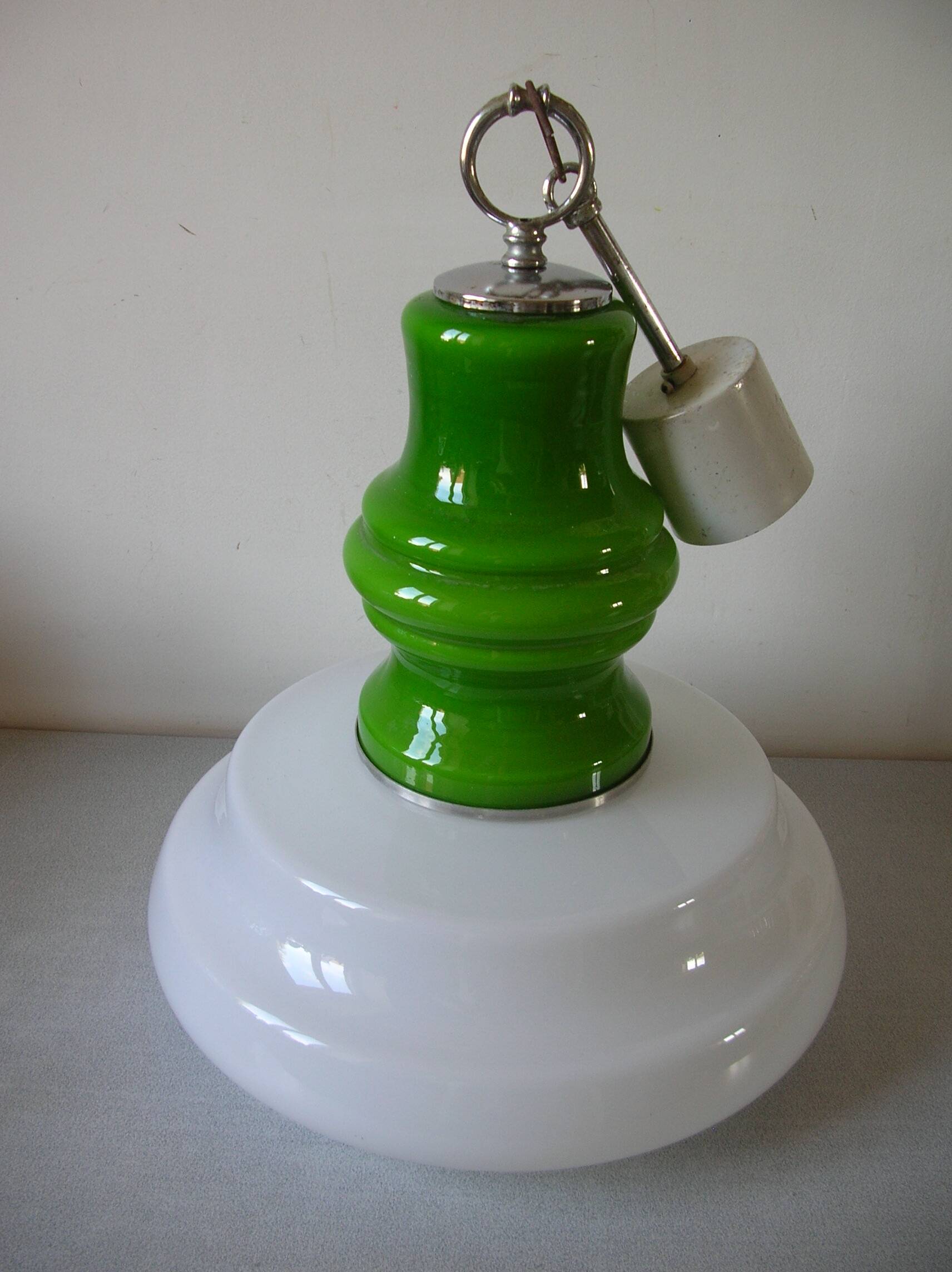 Old globe pendant light with apple green and white glass shade, 80's design 59 cm