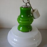 Old globe pendant light with apple green and white glass shade, 80's design 59 cm