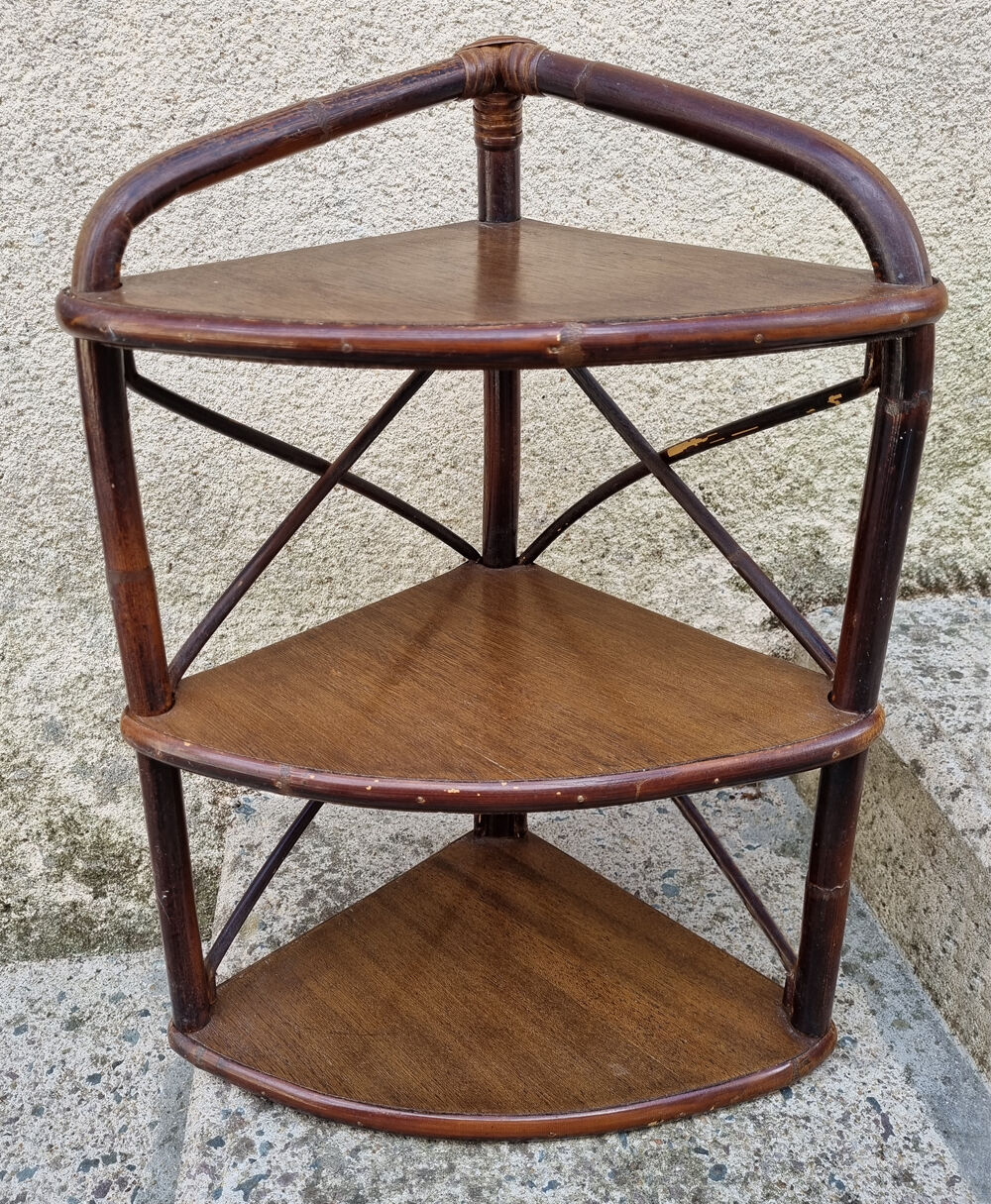 Corner wall shelf, bamboo, rattan and wood, vintage, 60s