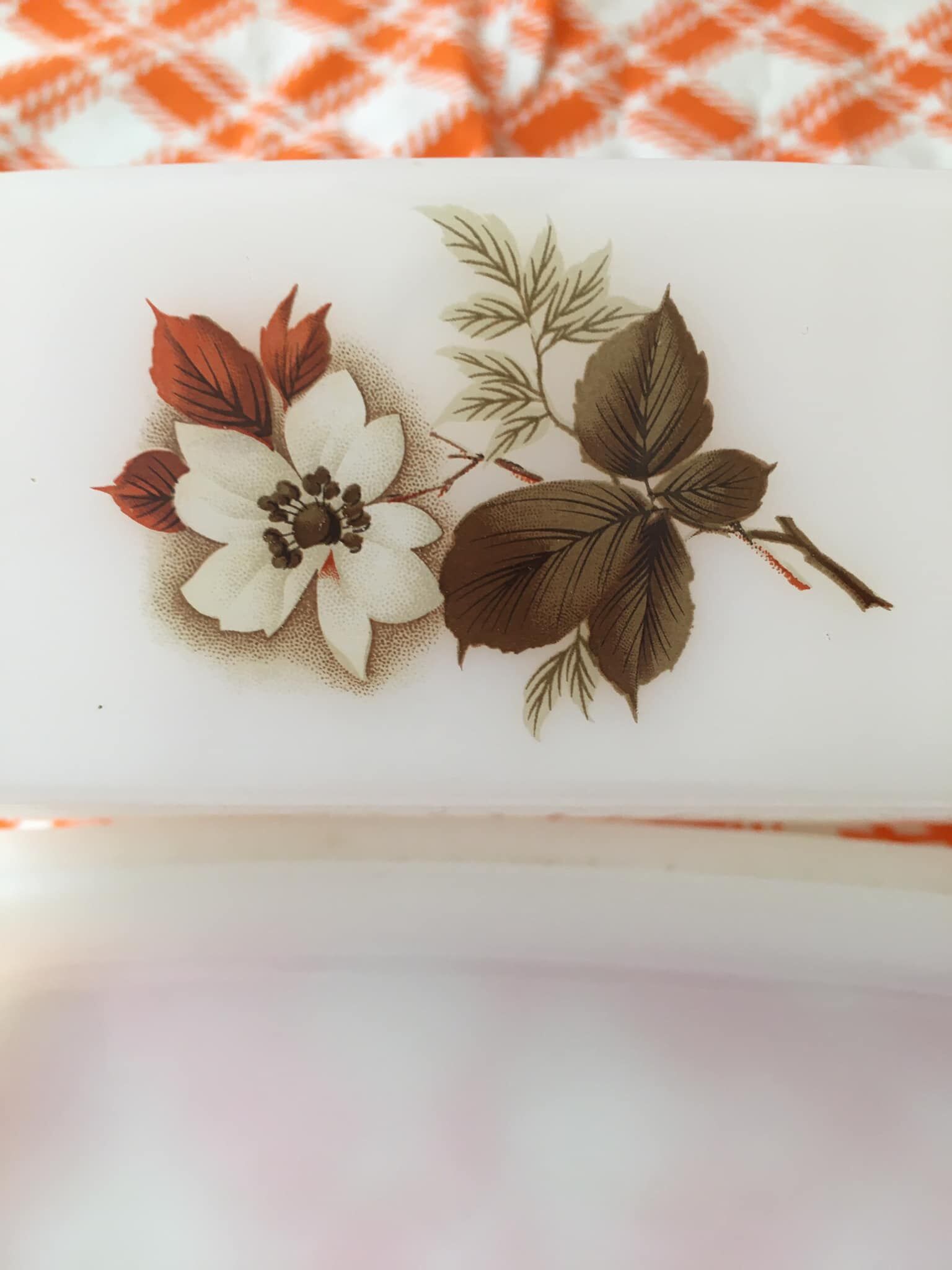 Old butter dish in Arcopal flower decoration