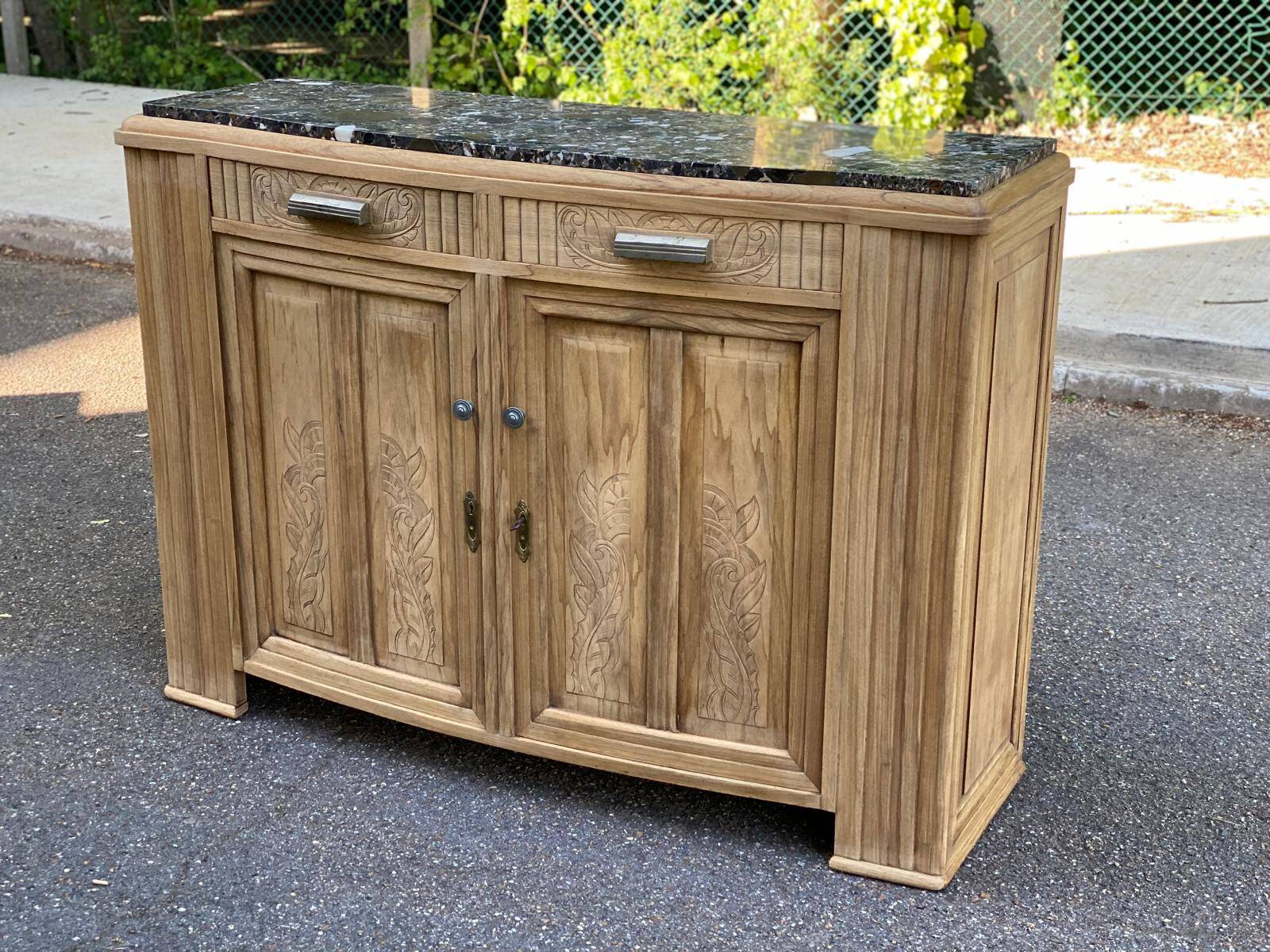Renovated vintage art deco Parisian sideboard in solid wood and marble 152cm