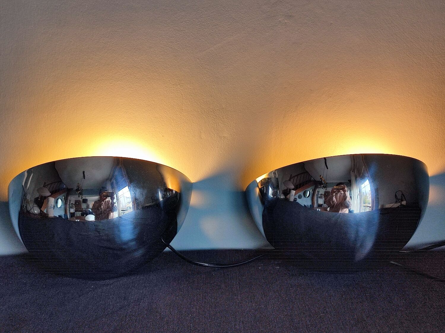 Pair of vintage chromed metal half-moon wall lamp