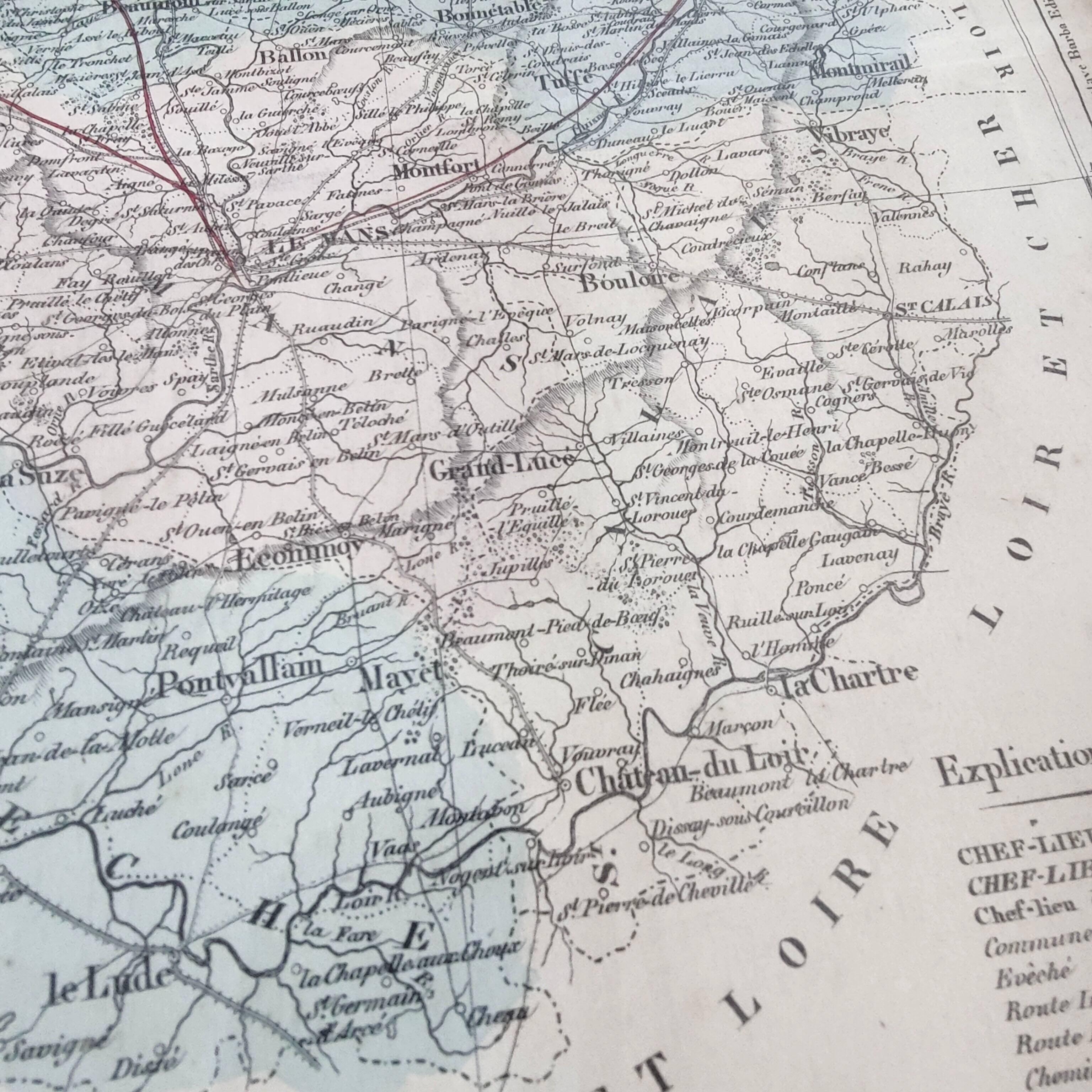 Engraved map of Sarthe wooden frame old plan of Le Mans
