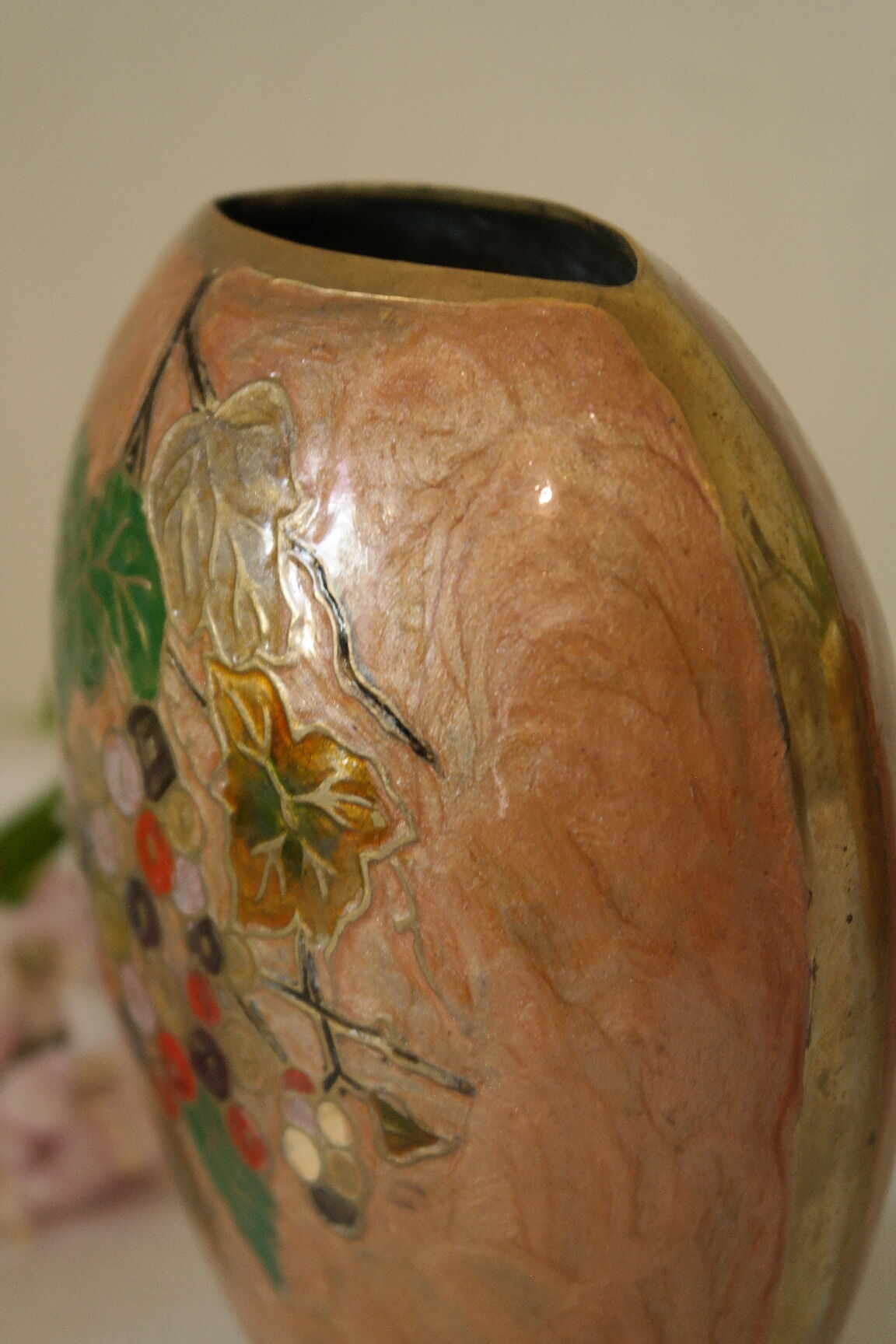 Vintage enamelled polychrome brass vase