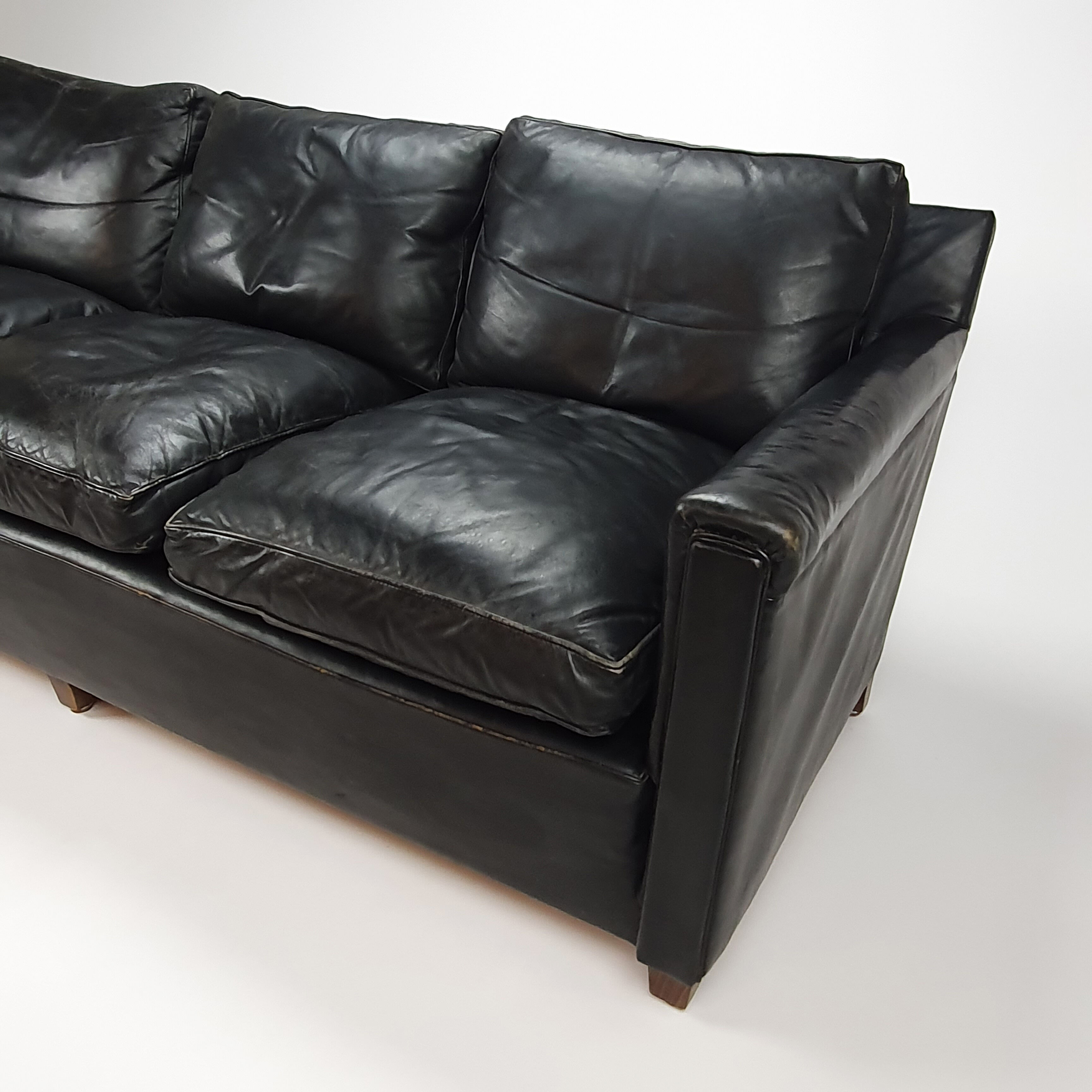 Mid century black leather scandinavian 3 seats sofa, 1950