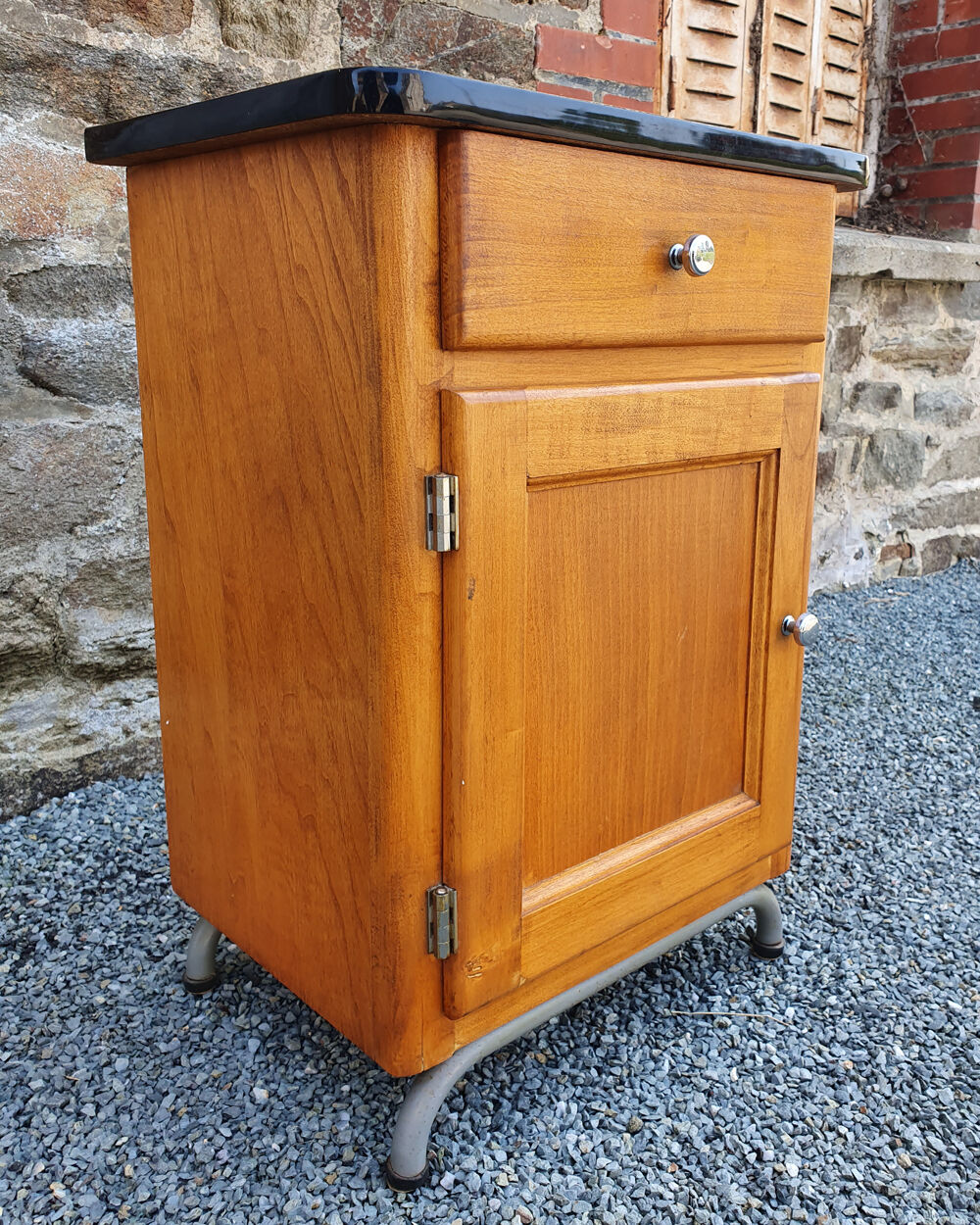 Pair of bedsides, boarding school, wood, metal, formica, vintage, 50s