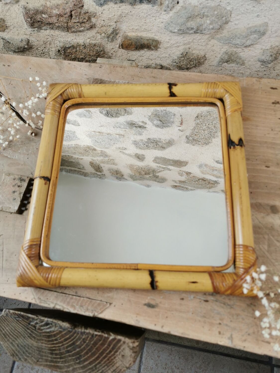 Miroir en bambou et rotin