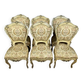 Série de 6 chaises Louis XV Baroque Vénitienne en bois laquée époque XXème