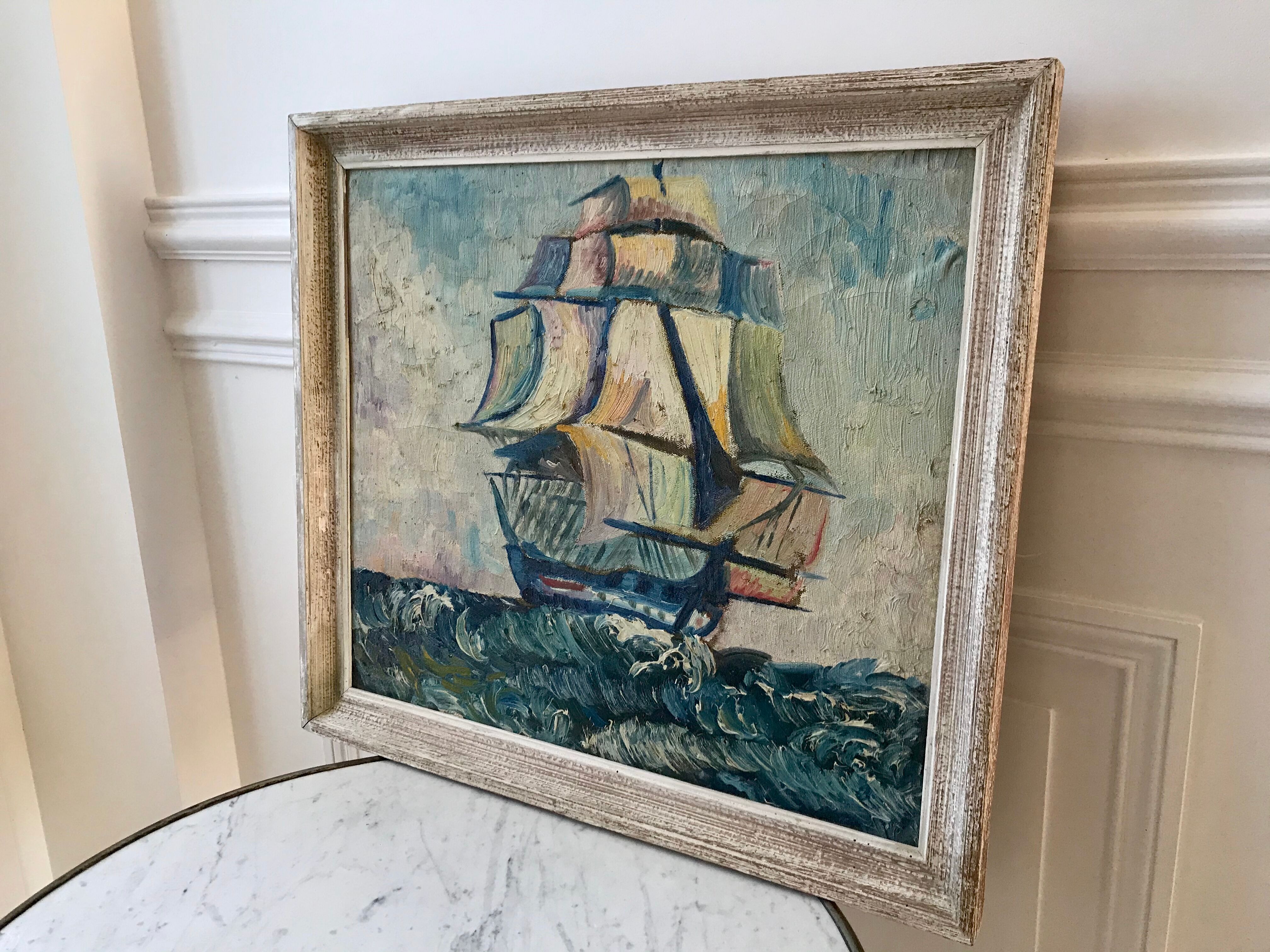 Marine painting oil on canvas old sailboat boat