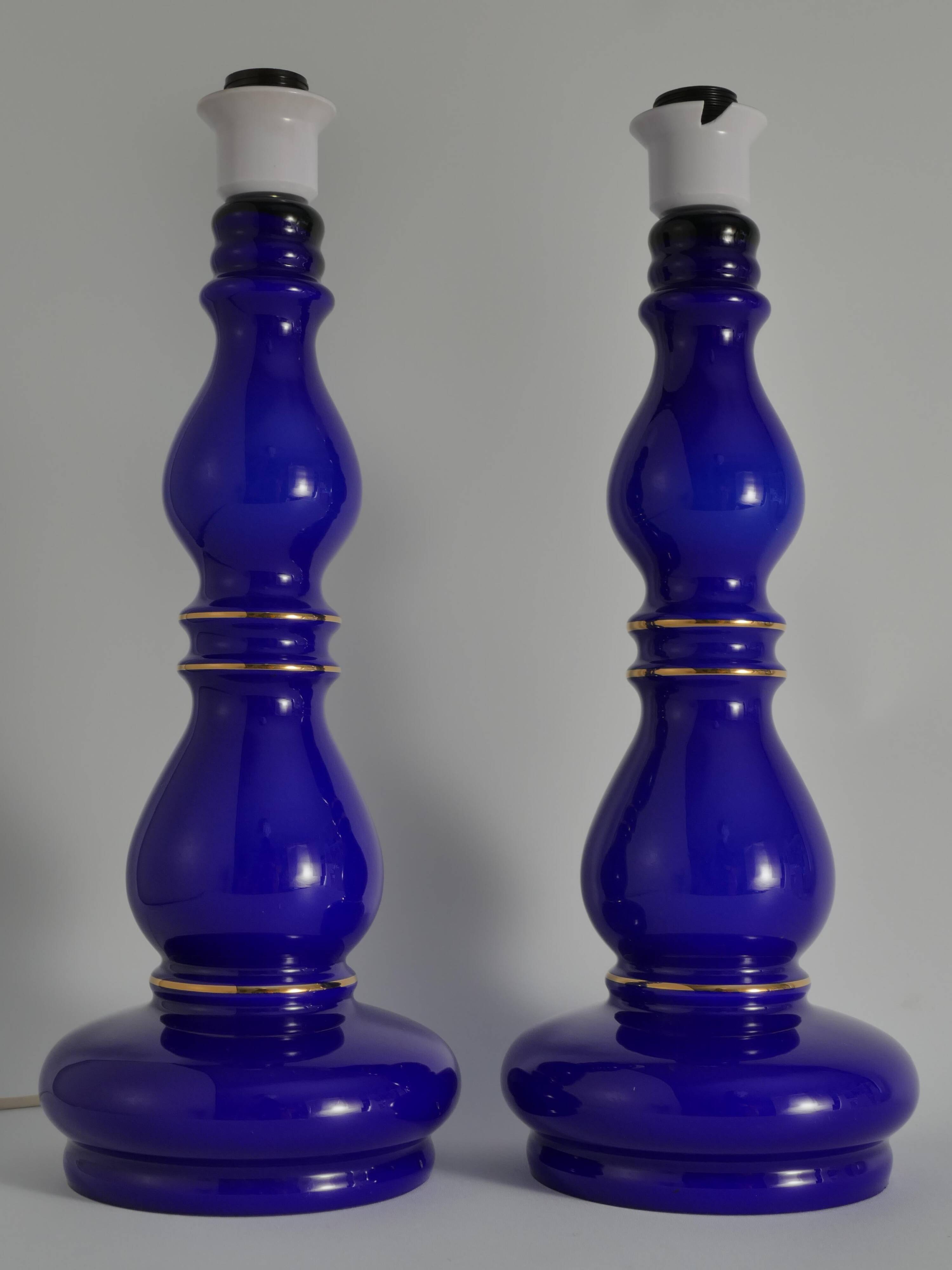 Baluster-shaped Cobalt Blue Glass Table Lamps, Rosdala Glassworks 1960, Set of 2