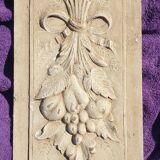 Polychrome carved wooden pediment, wall element, architectural, ancient object