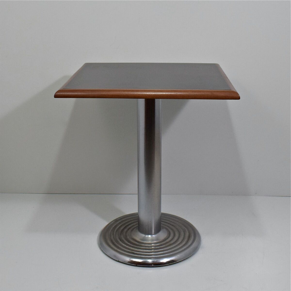Square bistro dining table, wood, chrome and cast iron