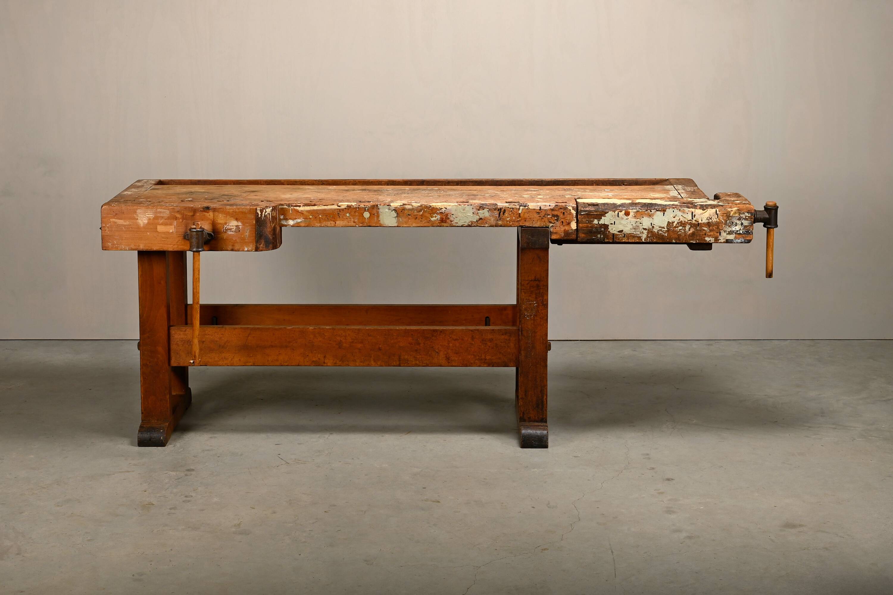 Vintage Wooden Industrial Rustic Carpenter’s Workbench with Two Vises