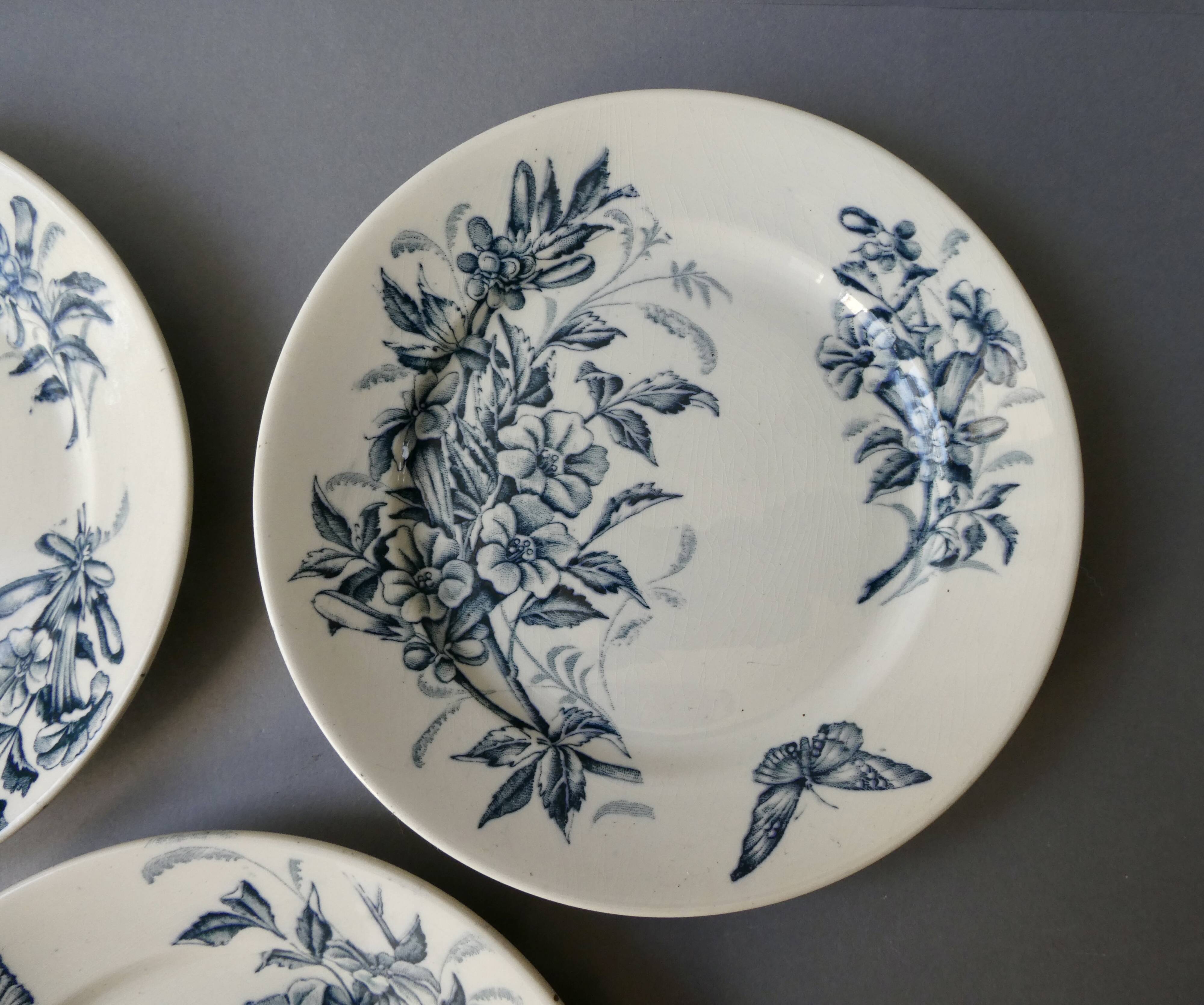 3 ironstone plates Badonviller France, flowers, butterflies