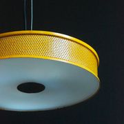 Yellow lacquered perforated metal pendant, in the style of Matégot or Biny.