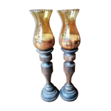 Paire de bougeoirs en bois et verre ancien