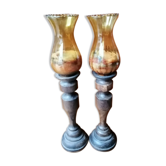 Pair of wooden candle holders and antique glass