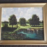 Old oil painting depicting a countryside landscape