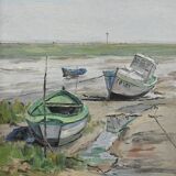 Painting “Boats at Low Tide”, signed J-P. Guinegault – 2nd part 20th century