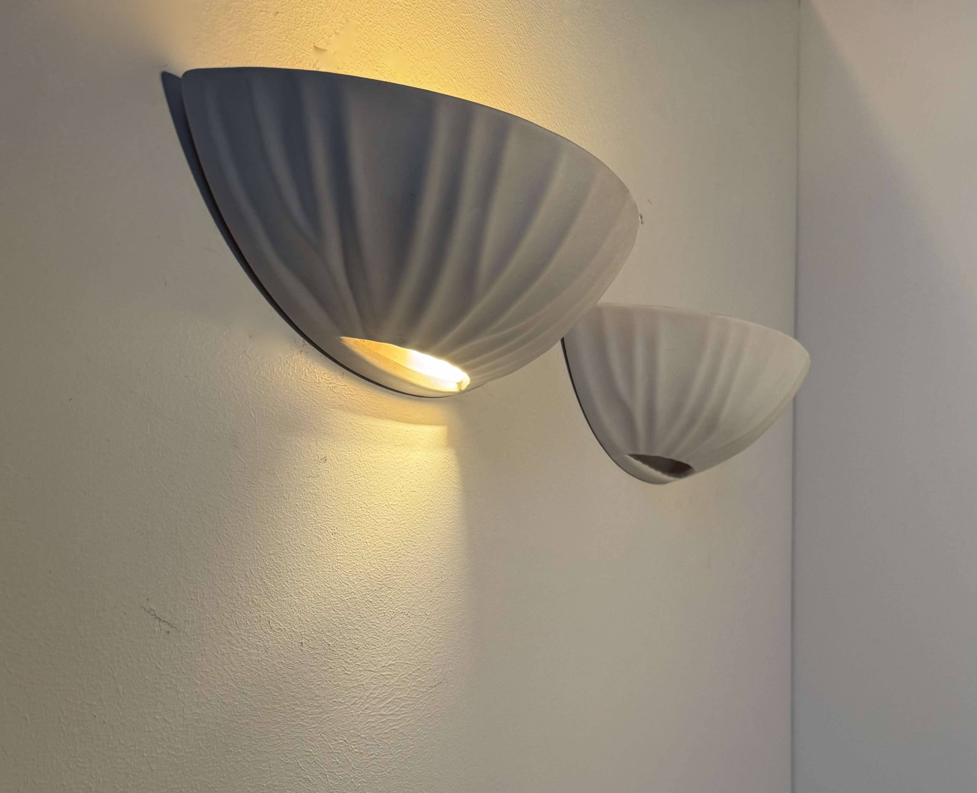 Pair of vintage shell wall lights, matte white, France 1970