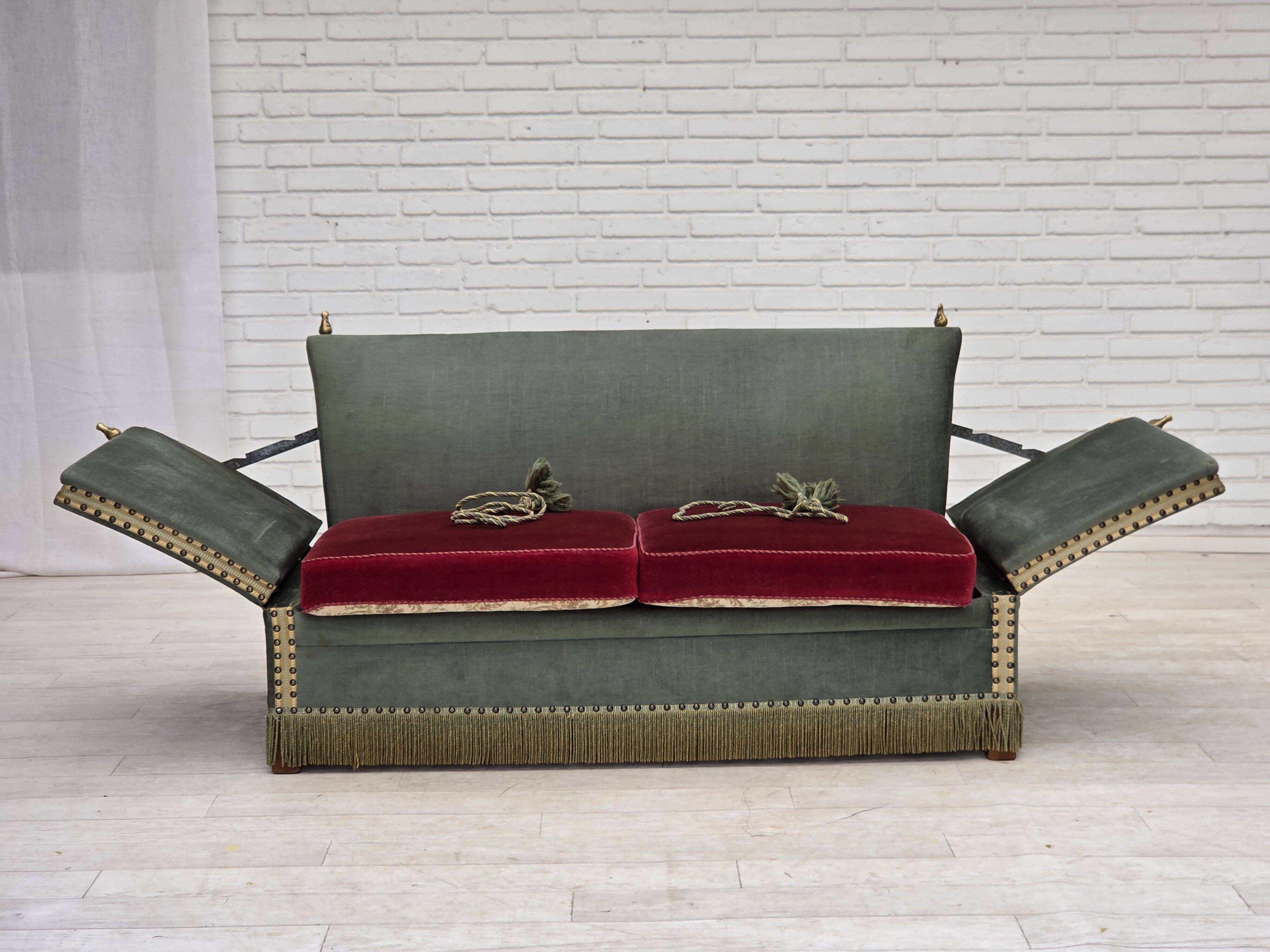 1970s, Danish 2-seater drop arm "Spanish" sofa, green and red velour.