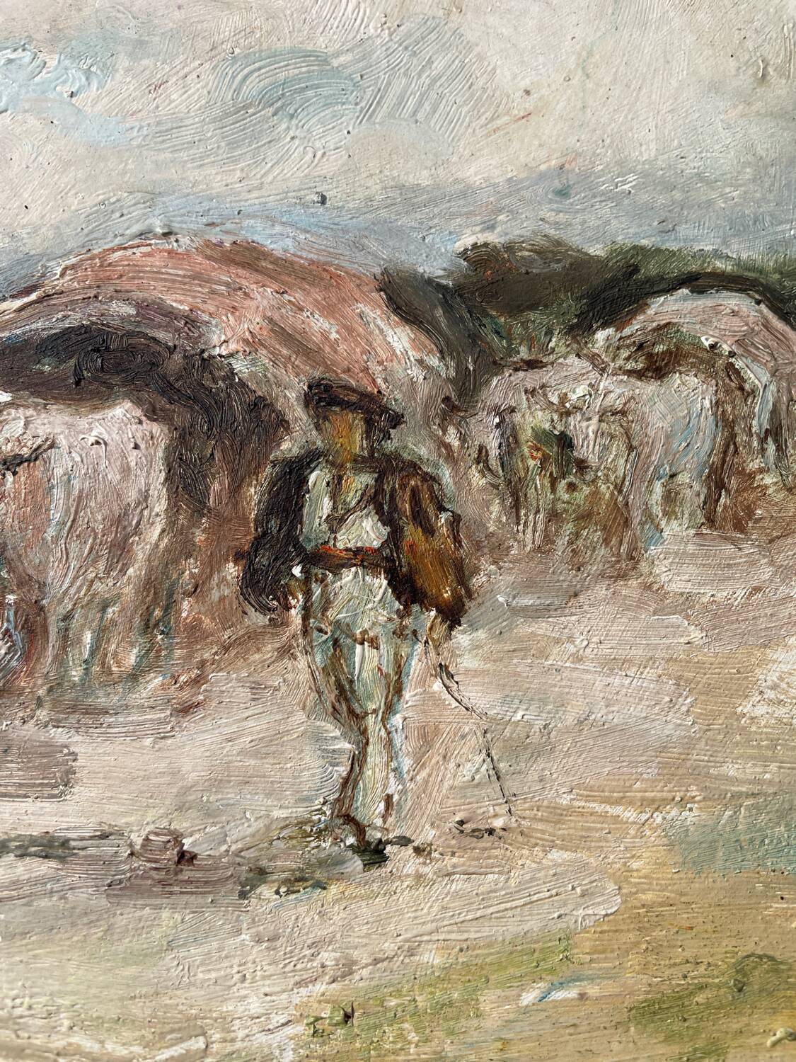 Painting of a Basque shepherd and his cows / antique oil painting